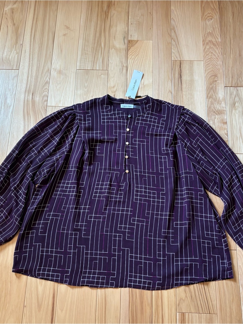 NEW Calvin Klein Geometric Print Purple Long Sleeve Chiffon Top